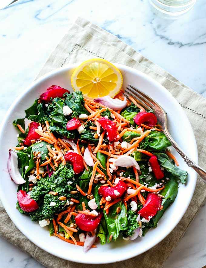 Roasted rhubarb power greens salad by Cotter Crunch